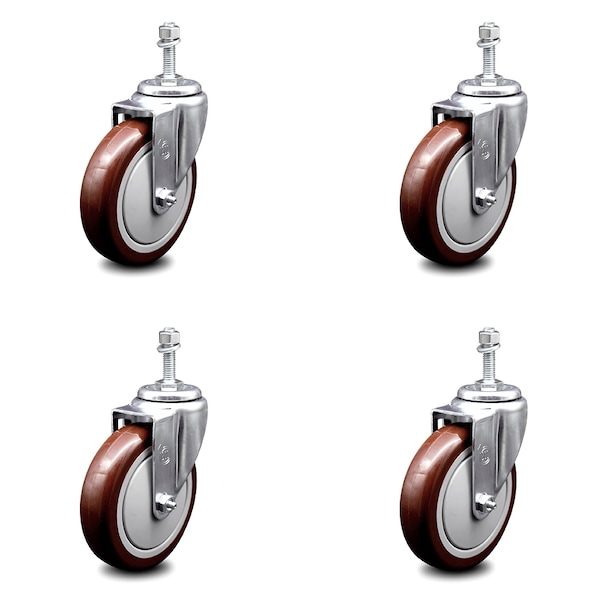 Service Caster 5 Inch Maroon Polyurethane Wheel Swivel 10mm Threaded Stem Caster Set SCC SCC-TS20S514-PPUB-MRN-M1015-4 - main